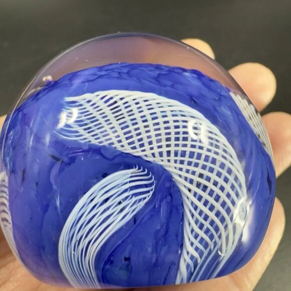 Murano Art Glass Paperweight Orb Cobalt Blue White Cane Venetian Italy Glass VTG